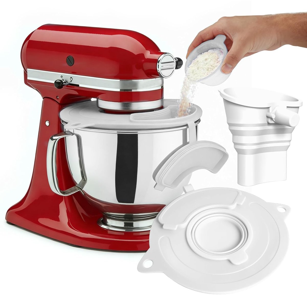 SnelShoppen - Mixer Accessoires Set met Bloemtrechter, Spatdeksel en Vouwbare Maatbeker voor KeukenAid 3-in-1 Stand Mixer, Siliconen, 4.5-7 qt, Keuken