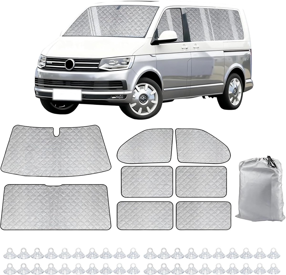 Set van 8 binnen thermomatten - geschikt voor VW T5/T6 LWB - zwart en dik materiaal - UV en waterbescherming - SnelShoppen