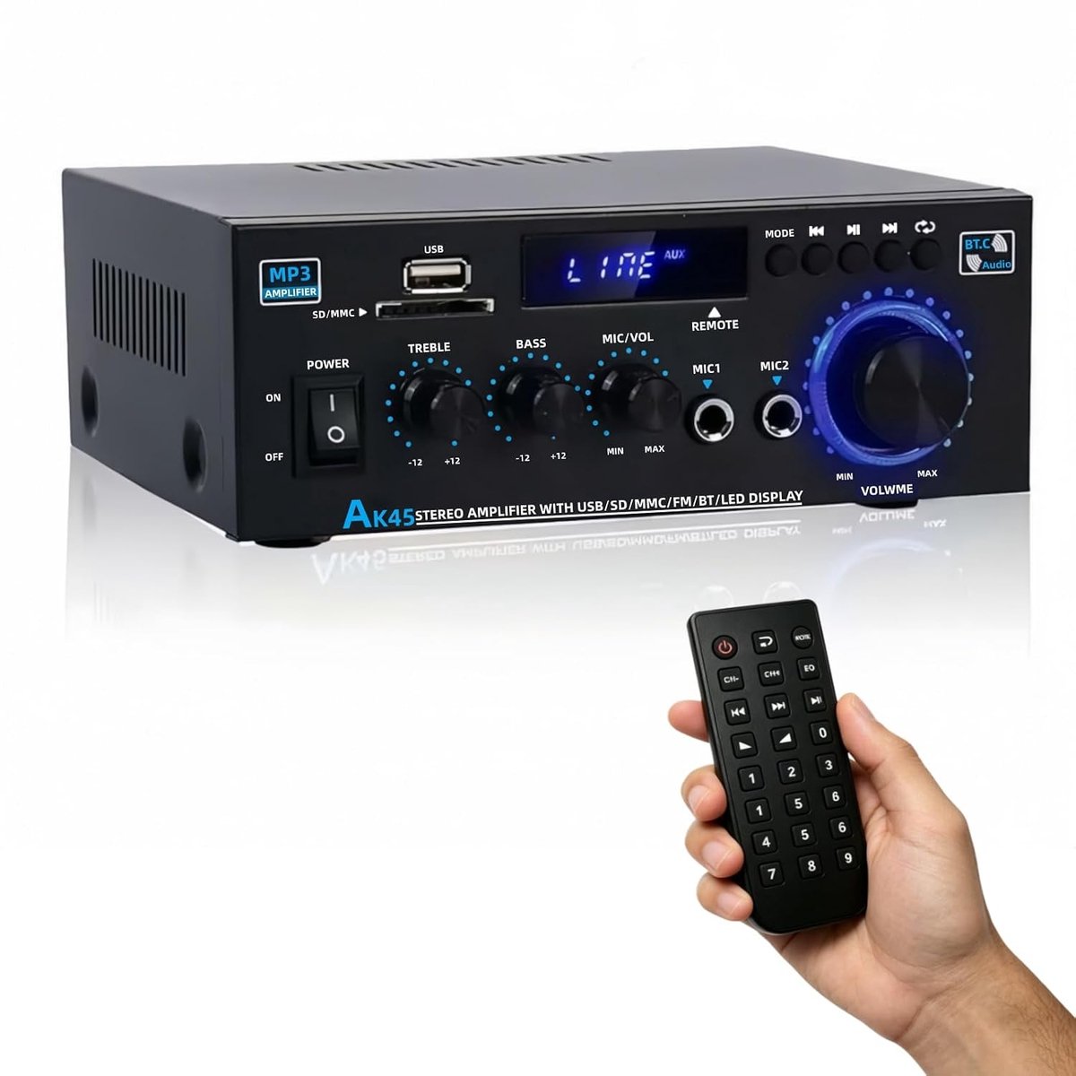 SnelShoppen - HiFi Bluetooth Mini Stereo Audio Amplifier 2.0 Kanaal met FM Radio, USB/SD Kaartinvoer, Karaoke Microfoon, Bass en Hoogte Controle voor