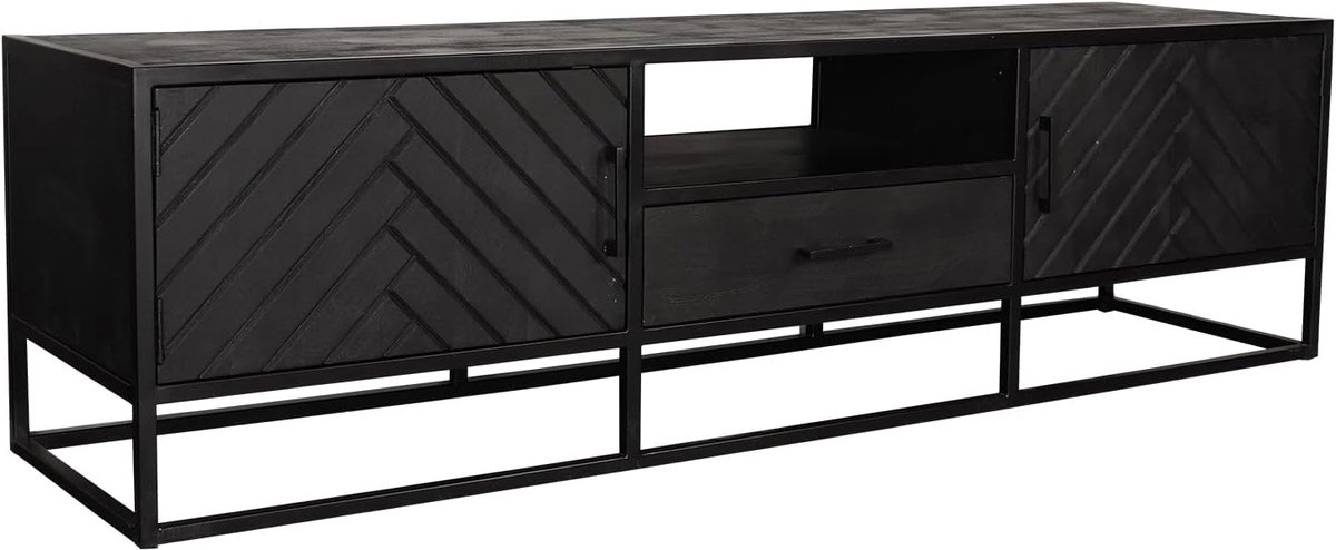 TV kast 180cm - industrieel mango hout - zwart visgraat - eenvoudig te monteren - ShopVlot