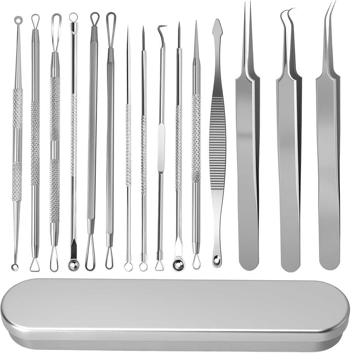 Blackhead remover set 15-delig - roestvrij staal - met opbergdoos - voor een schone huid - ShopVlot