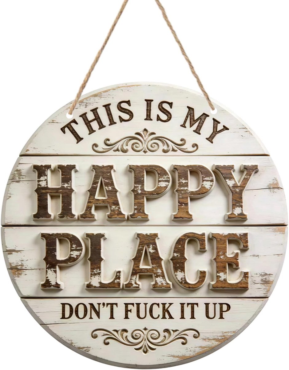 SnelShoppen - This Is My Happy Place Don't F It Up Houten Deurbord, Rustieke Boerderij Decoratie voor Voordeur, Tuin, Veranda, Raam, Welkom Wandbord v