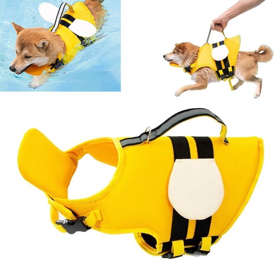 Collage: hond zwemt, hond wordt opgetild aan handvat, en een los zwemvest.