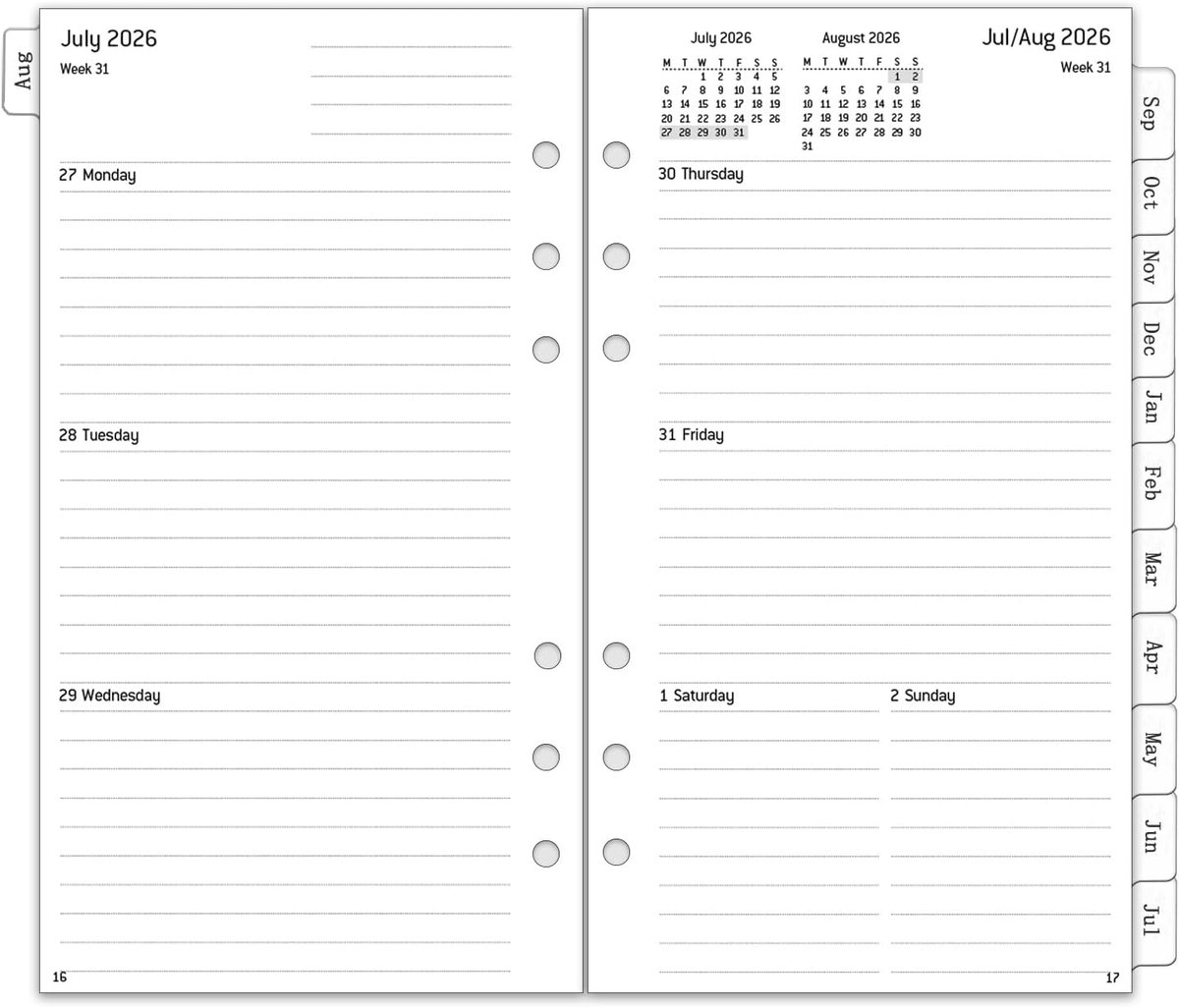 Weekplanner A6 2026/2027 - 6 gaten - 1 week op 2 pagina's - inclusief maandoverzicht en notities - ShopVlot