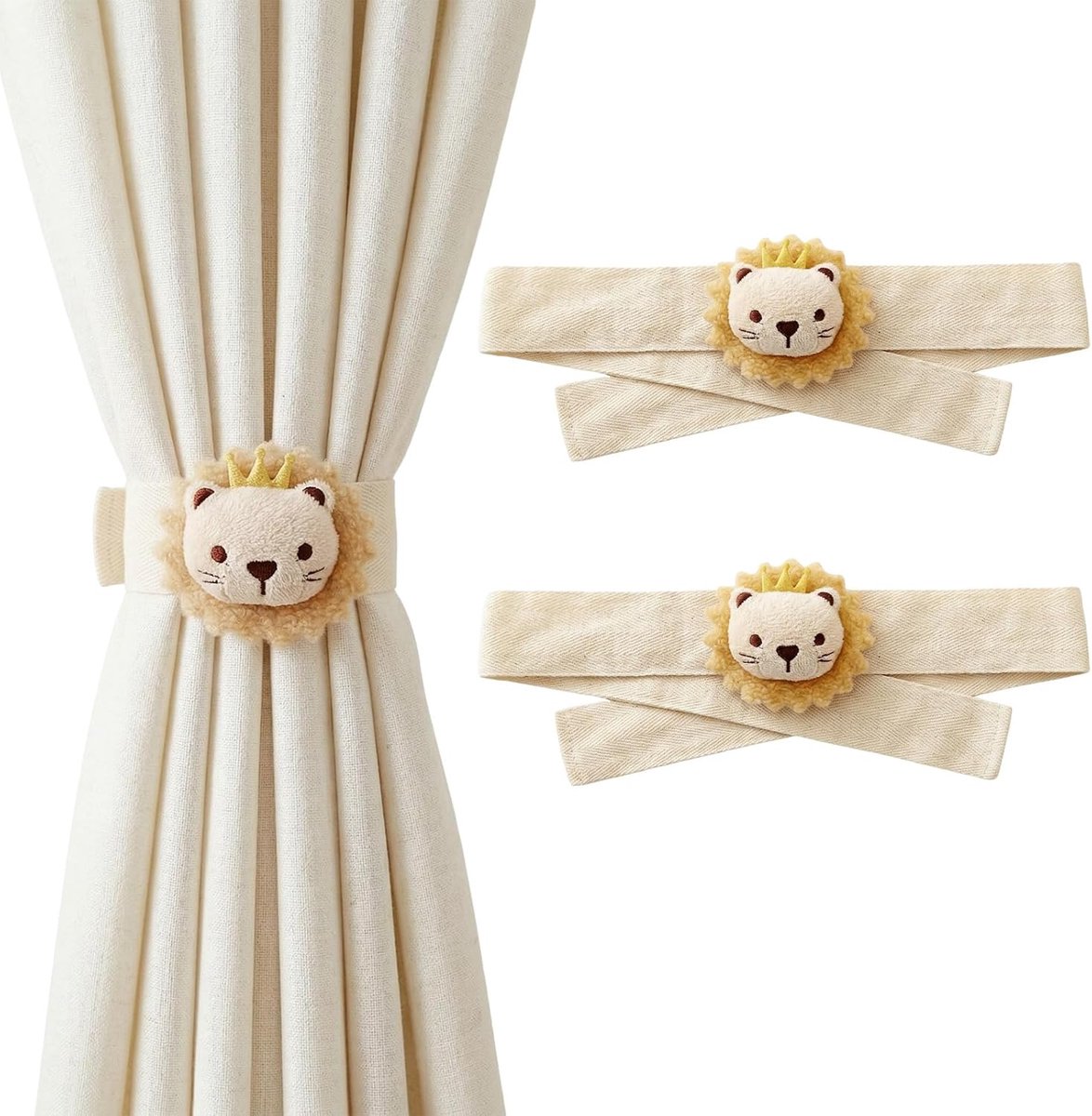 gordijnhouders 80 cm - pluche cartoon leeuw - kinderkamer decoratie - geen boren of lijmresten - ShopVlot