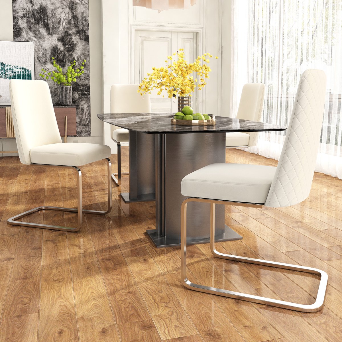 Eetkamerstoel Set 4 Delig - Velvet Stoel Met Diamant Rugleuning En Metalen Poten Beige