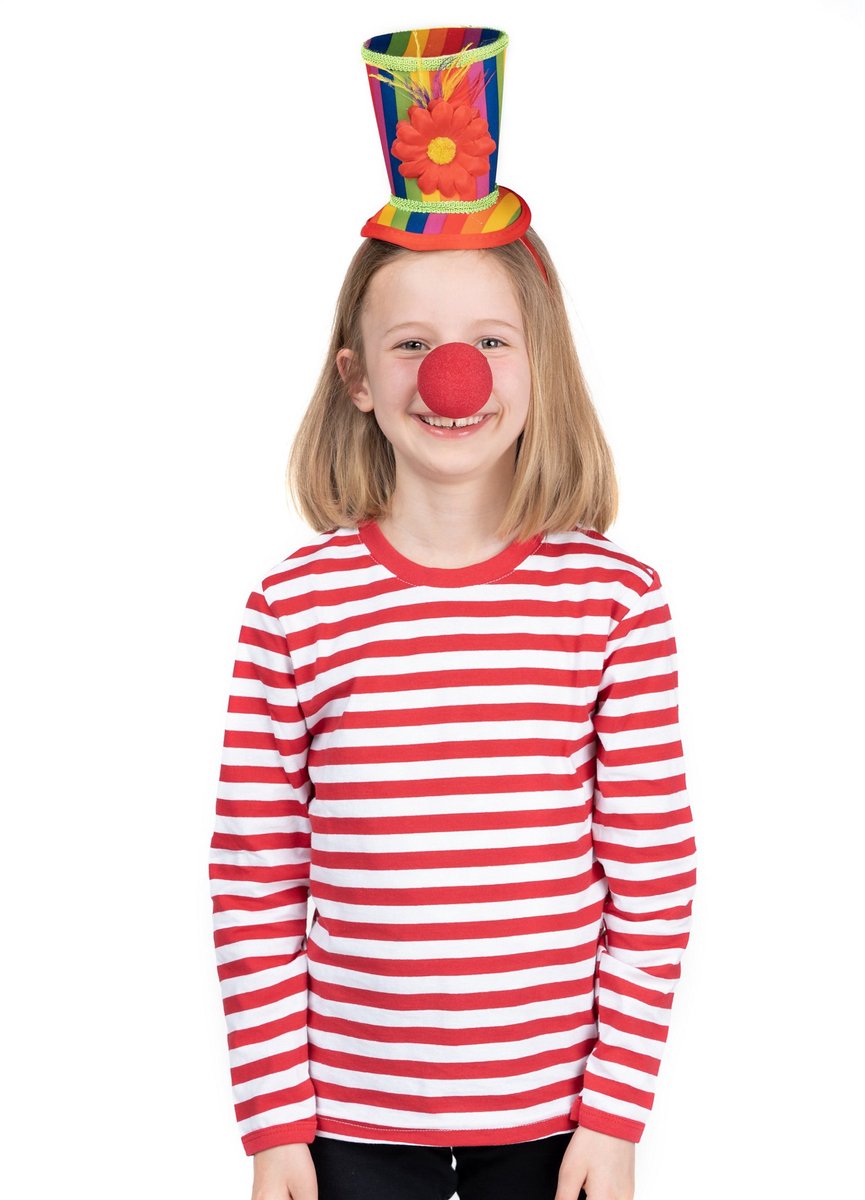 Clownskostuum voor kinderen met rood gestreept shirt, clownsneus en hoed - Kostuum Accessoires