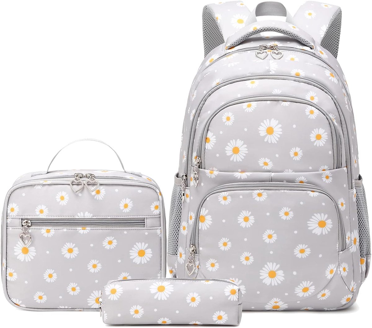 Ulisem - Schooltas - 3-delige set met madeliefjes print, lunchtas en pennenzak - Waterdicht en lichtgewicht nylon - Geschikt voor 14 inch laptop - 30x16x43 cm - Voor meisjes en jongens - Ook voor reis en dagelijks gebruik - Grijs