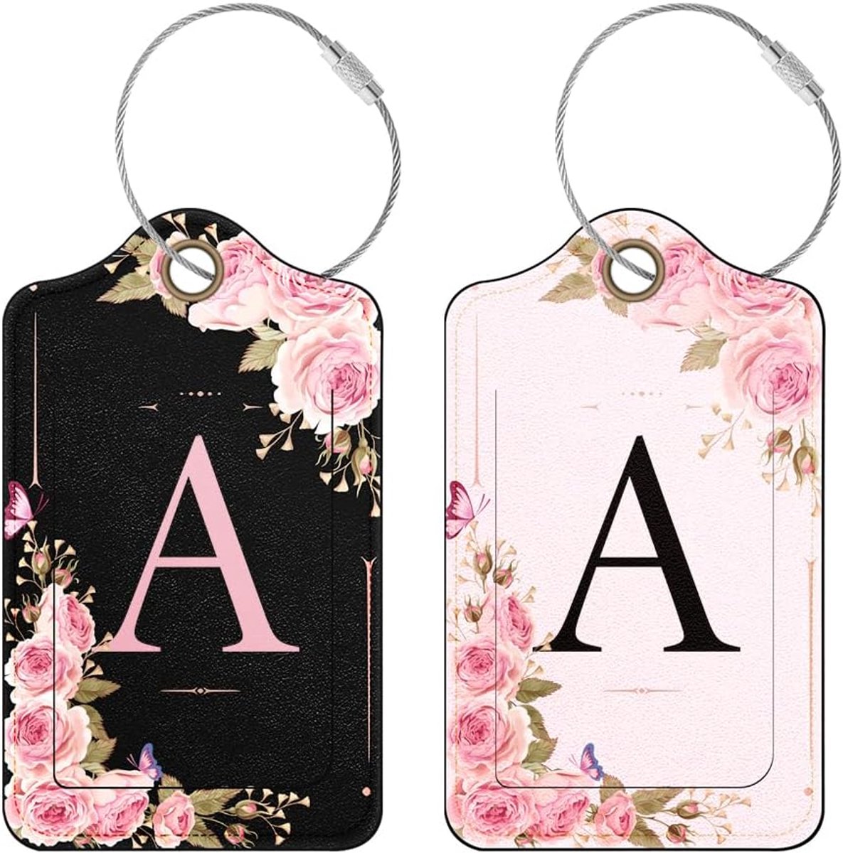 SnelShoppen - 2 Stuks Gepersonaliseerde Kofferlabels met Initiaal, PU Leren Reis Bagage Tag voor Vrouwen en Meisjes (A), Bloemenpatroon, Veiligheid en