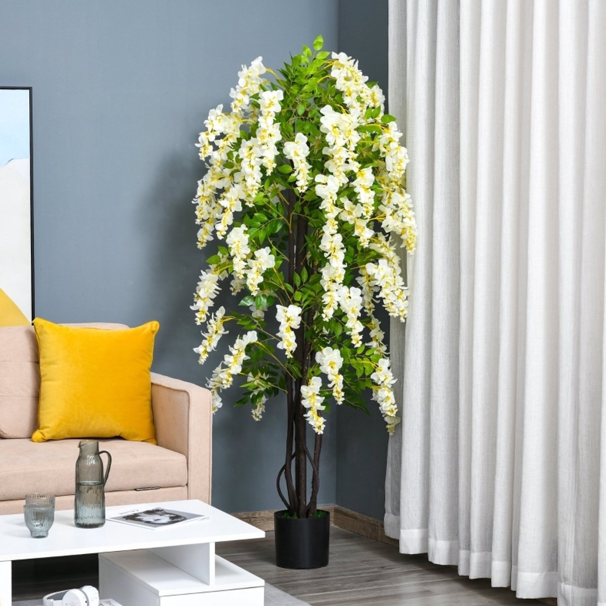 Kunstplant Wisteria – 165 cm – Met Pot – Kunststof – Wit – Decoratieve Hangplant Voor Binnen En Buiten – Met Stabiele Cementvulling