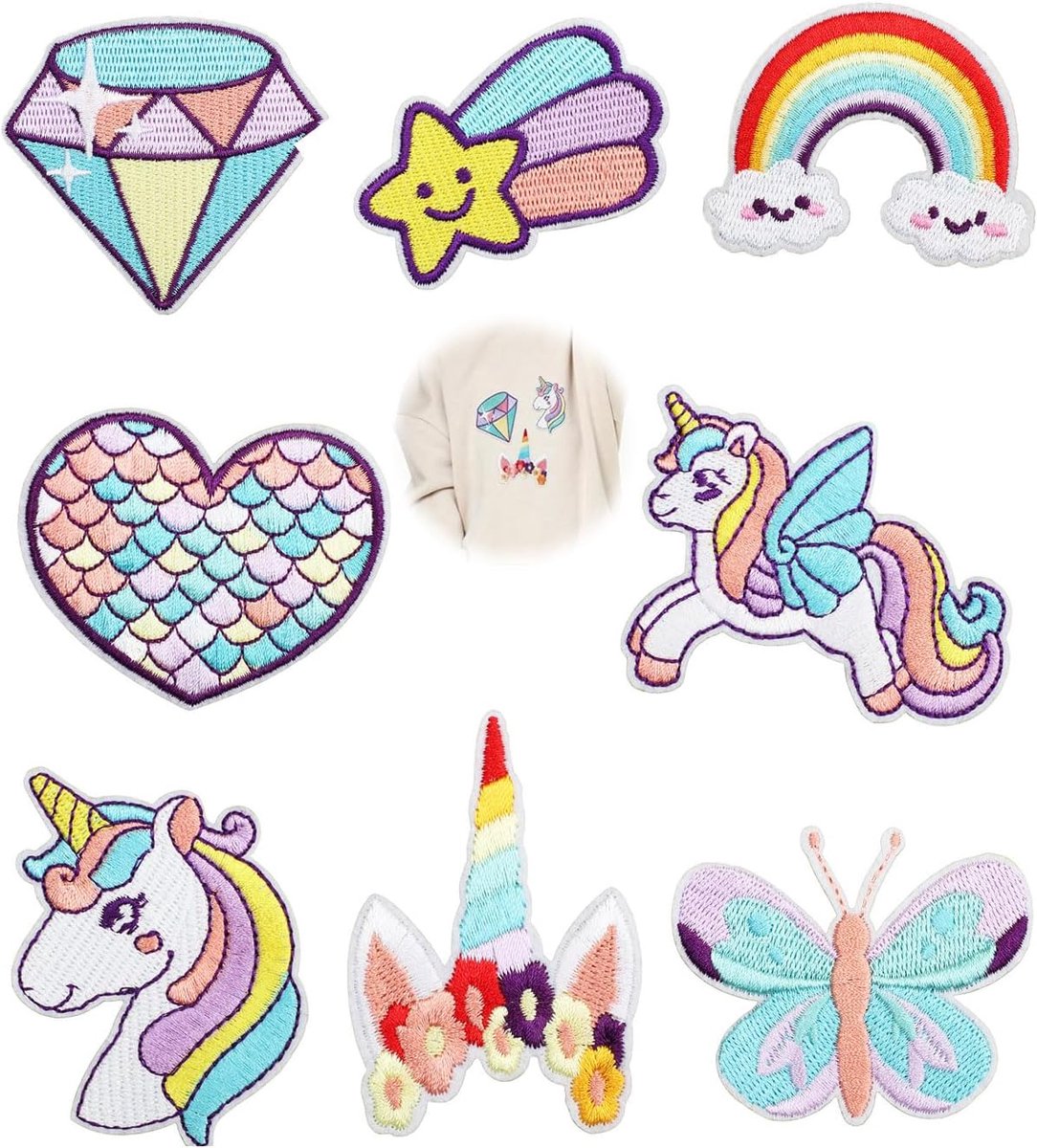 borduurpatches eenhoorn - 8 stuks - kleurrijk - ideaal voor kleding en tassen - SnelShoppen