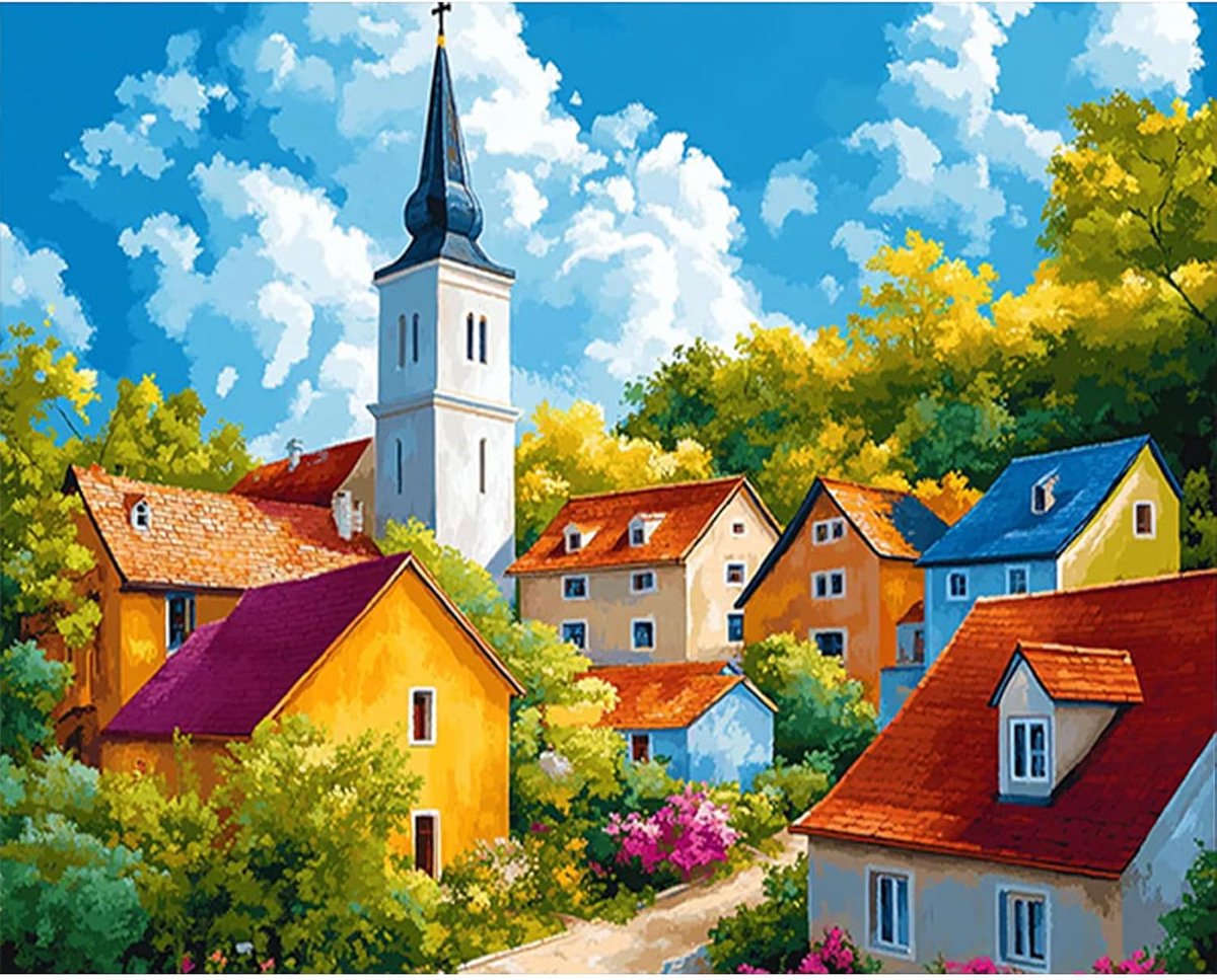 SnelShoppen - Doe-het-zelf schilderen op nummer voor volwassenen - Landschap 30x40 cm - Complete set met acrylverf, 3 penselen, metalen haken, perfect