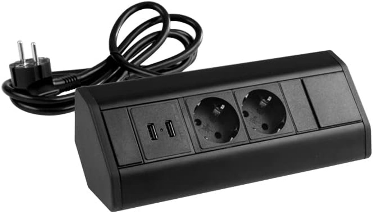 Tafelsocket 2-Weg met 2 USB - Zwart - Hoogwaardige kunststof - Ideaal voor keuken of kantoor - ShopVlot