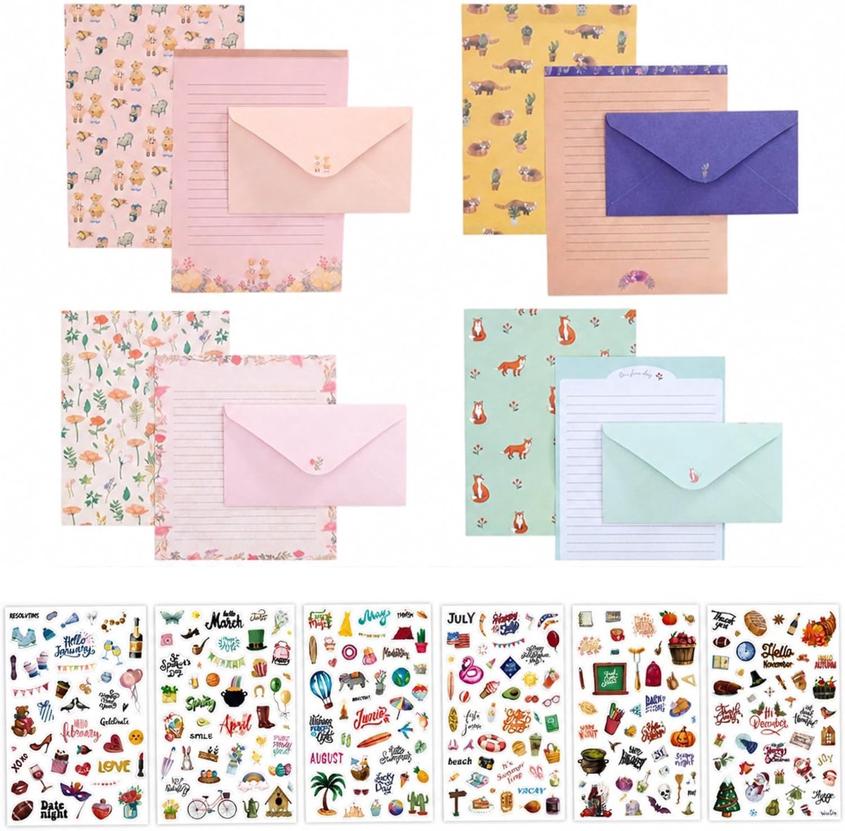 Briefpapier set 42 stuks - 24 gelinieerd papier met 12 enveloppen - schattige diermotieven - SnelShoppen