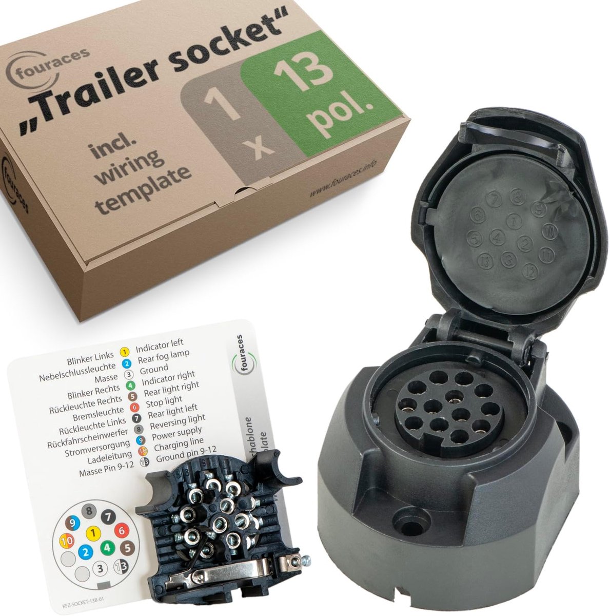 Trailer stekker 13-pins - zwart kunststof - met deksel - vereenvoudigt bedrading - SnelShoppen