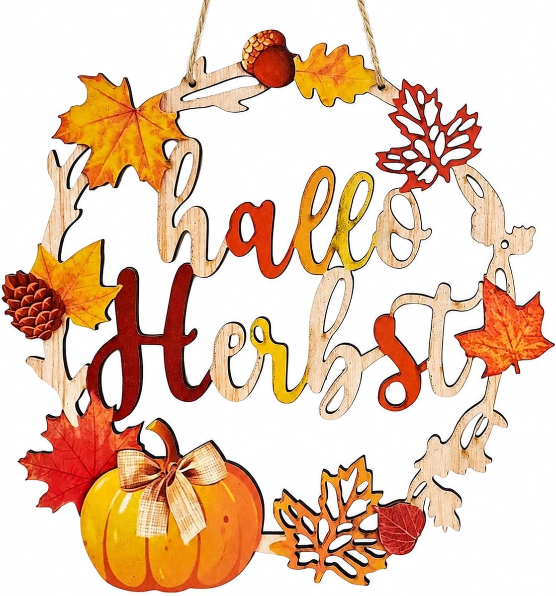 Houten herfstkrans voor deur - decoratie met pompoenen - warme herfstsfeer - ideaal voor seizoensdecoratie - SnelShoppen