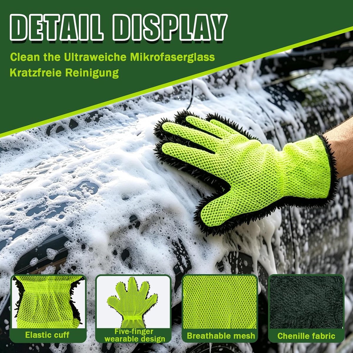 Autowashandschoen set van 2 - microvezel chenille en net - vijfvingerig ontwerp - ideaal voor buitenreiniging - SnelShoppen