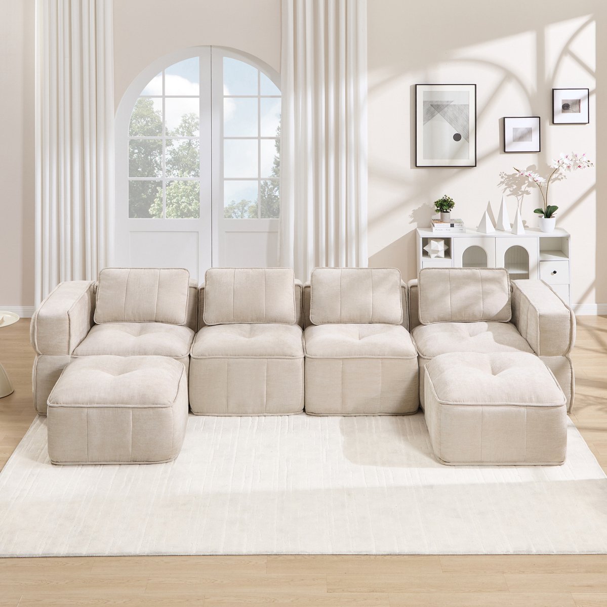 STILVORA U-bank 344 x 162 x 67 cm - Modulair 4-zits Met 2 Hockers En 32D Schuim - Voor Woonkamer - Polyester - Beige