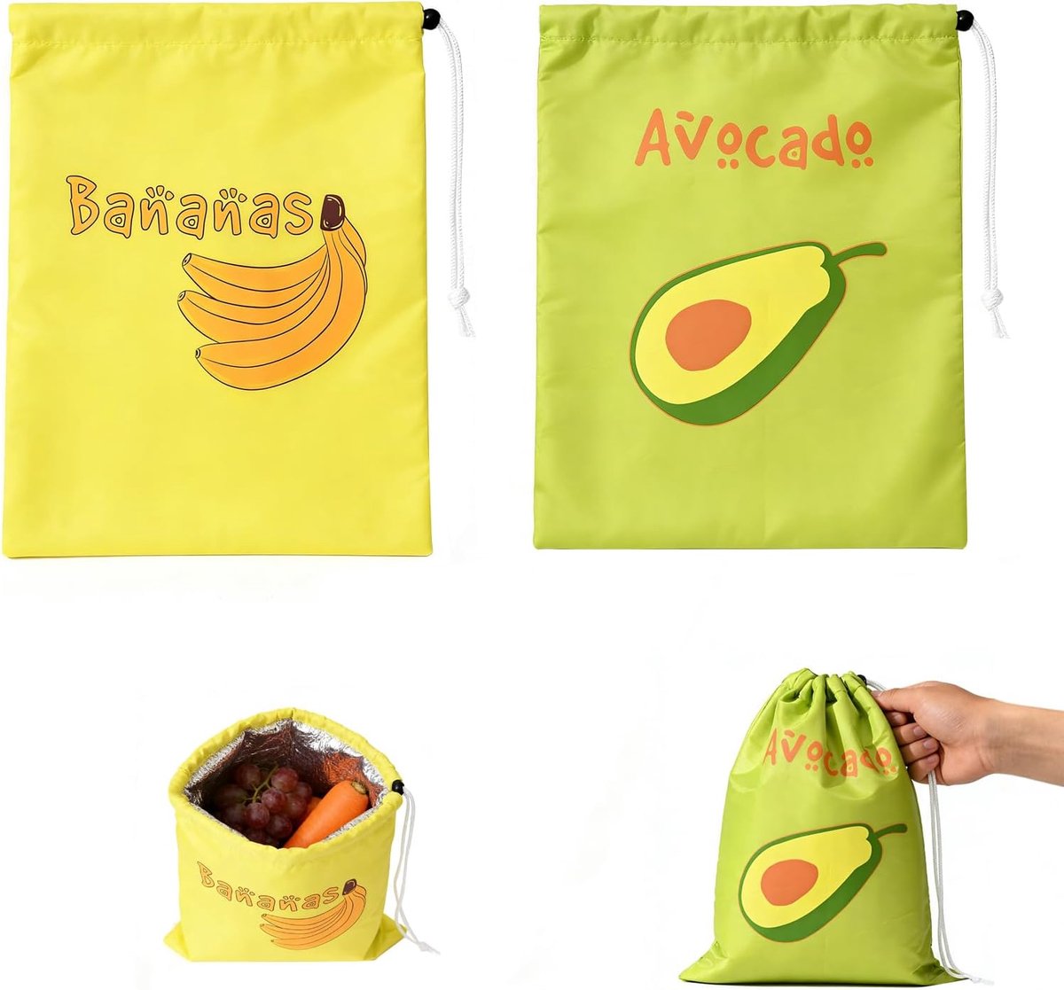 Opbergzak voor fruit - groene avocado en gele banaan - trekkoord - herbruikbare tas voor groenten en fruit - SnelShoppen