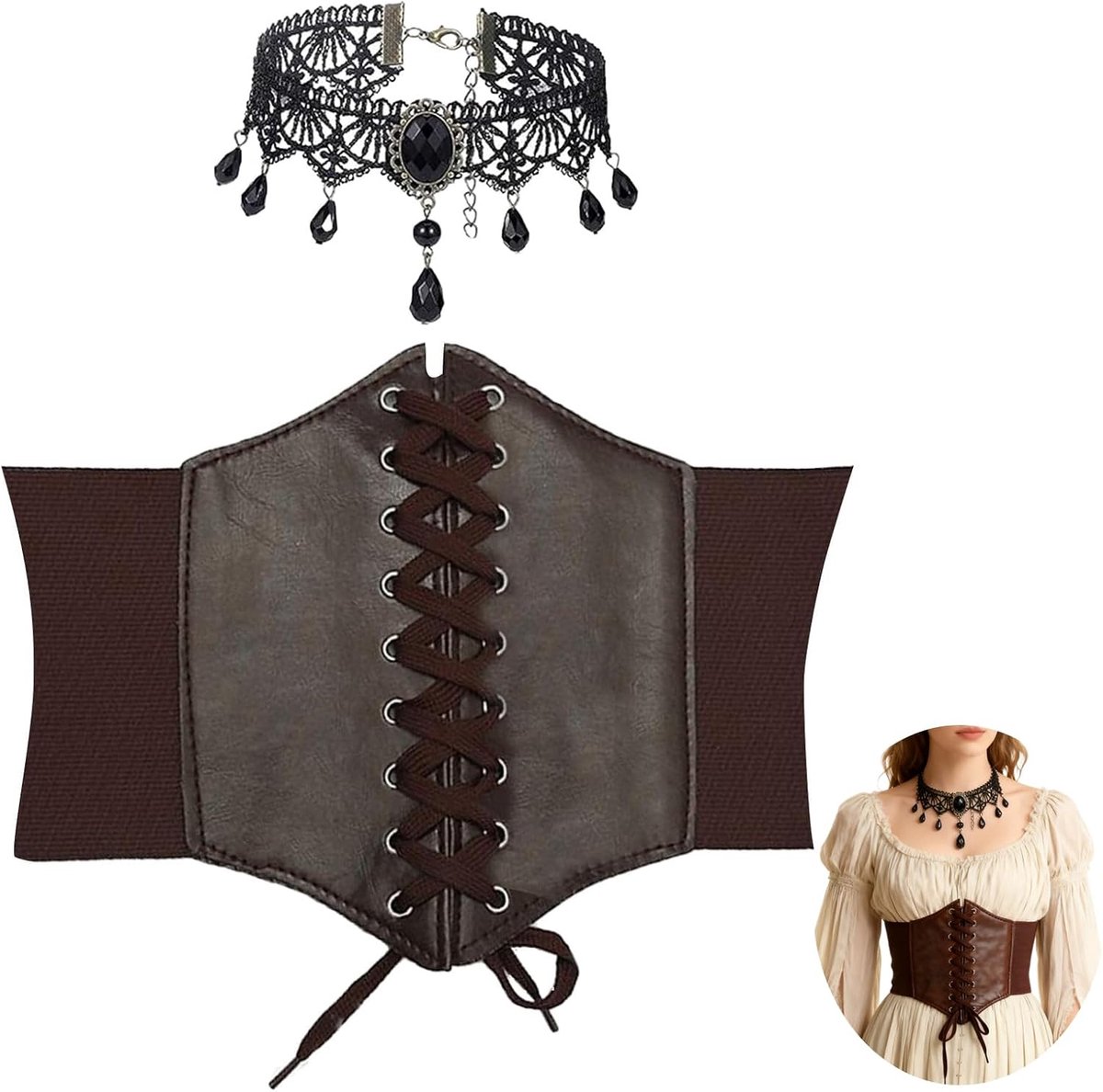 Corset damesriem - bruin - met gothic sieraden - perfect voor piratenkostuum - SnelShoppen