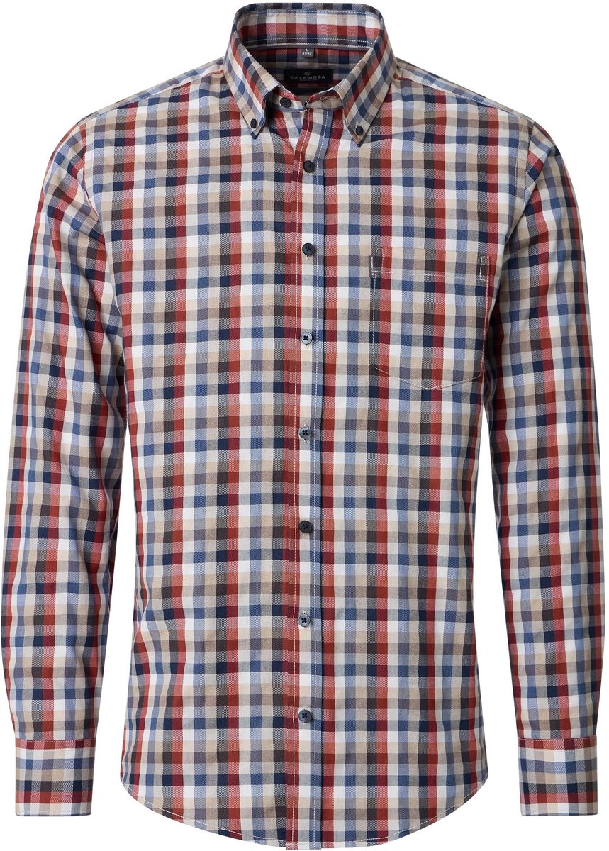 CASA MODA Sport casual fit overhemd - dobby - blauw met wit - blauw en beige geruit