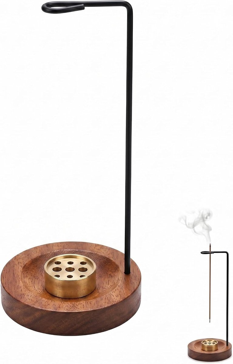 Wierookhouder en brander - houten sokkel - zwarte en messingkleurige standaard - ideaal voor meditatie - SnelShoppen