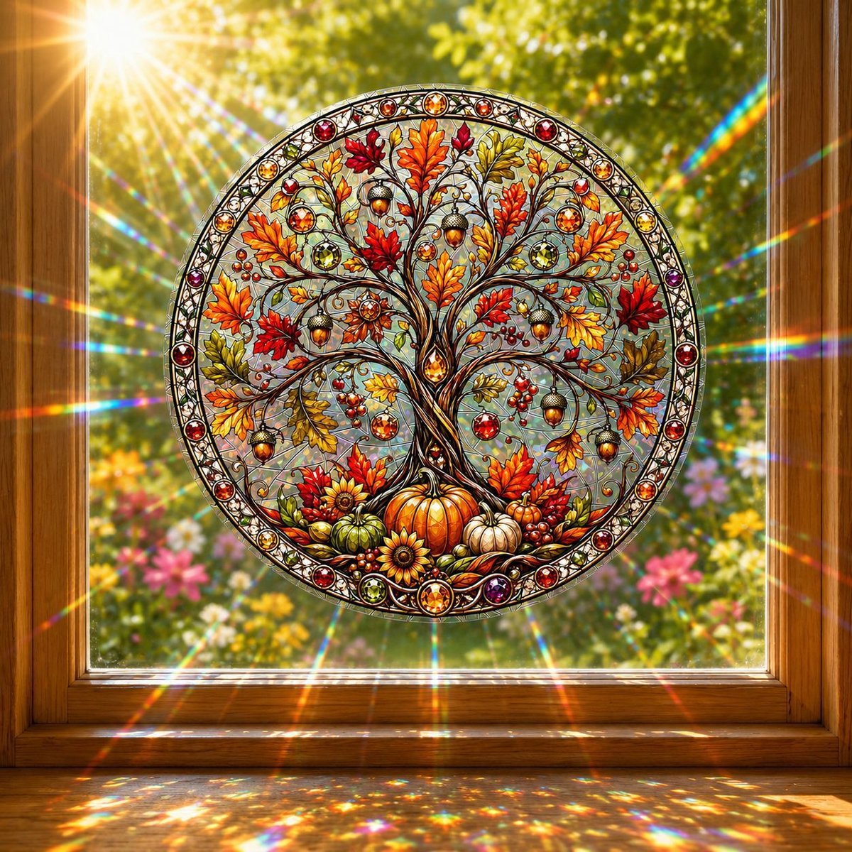 1 Glas-in-lood raamsticker - Raamfolies - Raamsticker Boom des Levens - Ronde Zonnevanger - Statische Folie voor Glas - Herfstdecoratie - Verwijderbaar en Herbruikbaar - Woonaccessoire - Kleurrijk Lichtspel - 20×20 cm