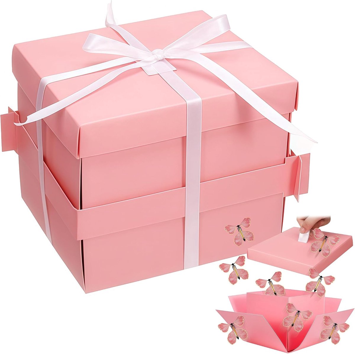 explosie geschenkdoos 14x14x12 cm - roze - met vliegende vlinders - verrassend cadeau voor verjaardag - SnelShoppen