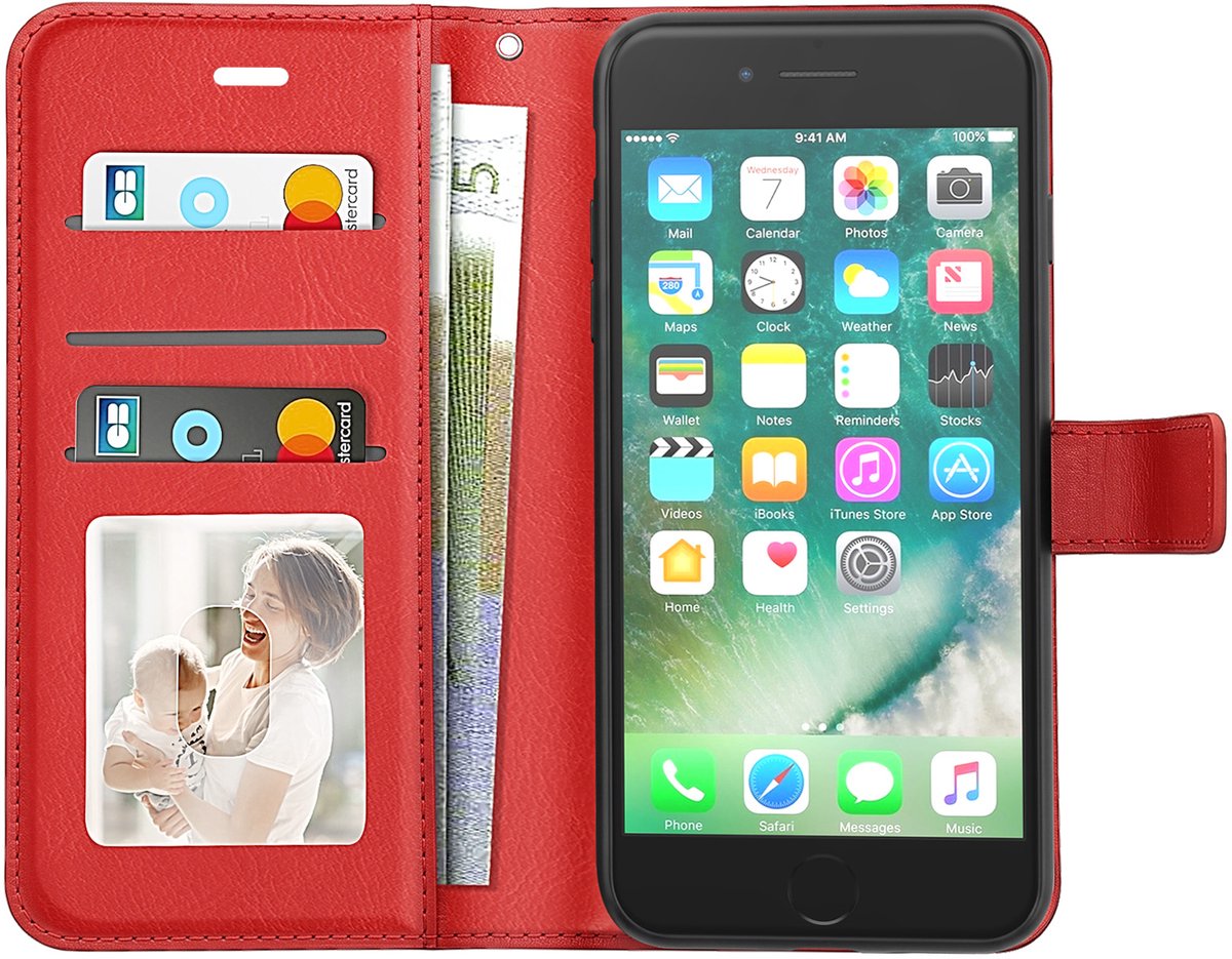 Mayaxess, Wallet Case Geschikt voor Apple iPhone SE 2020 / 2022 met Polsbandje en Standaard, Rood