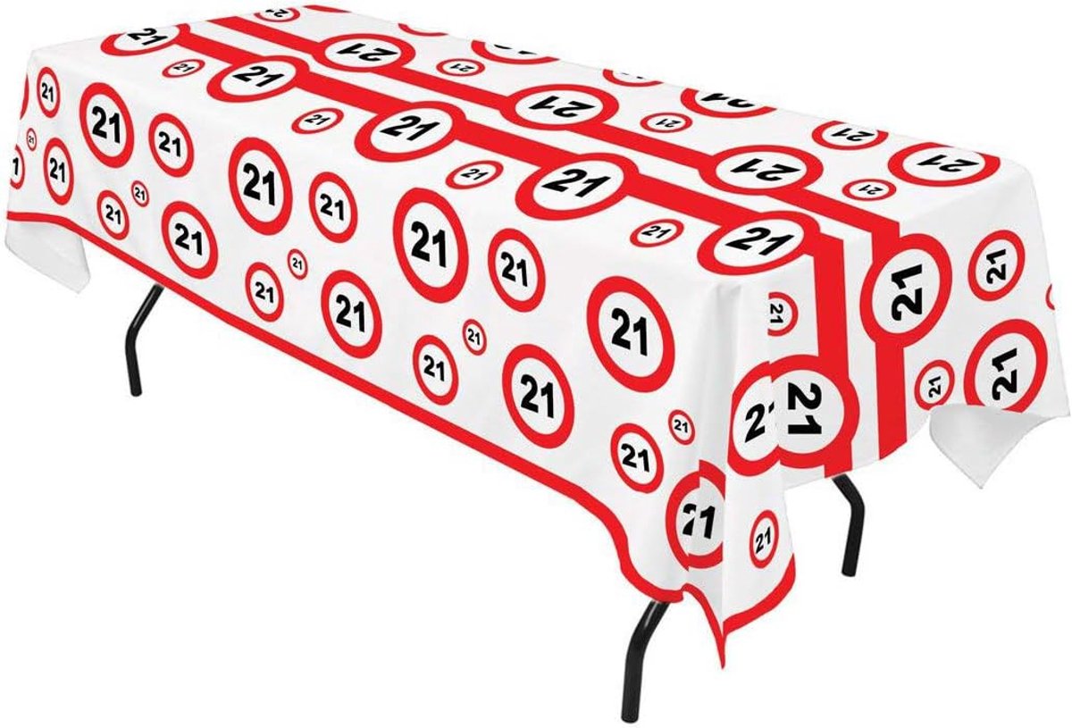 Tafelkleed 270 x 136 cm - Plastic - Verkeersbord symbool '21' - Perfect voor 21e verjaardag - ShopVlot