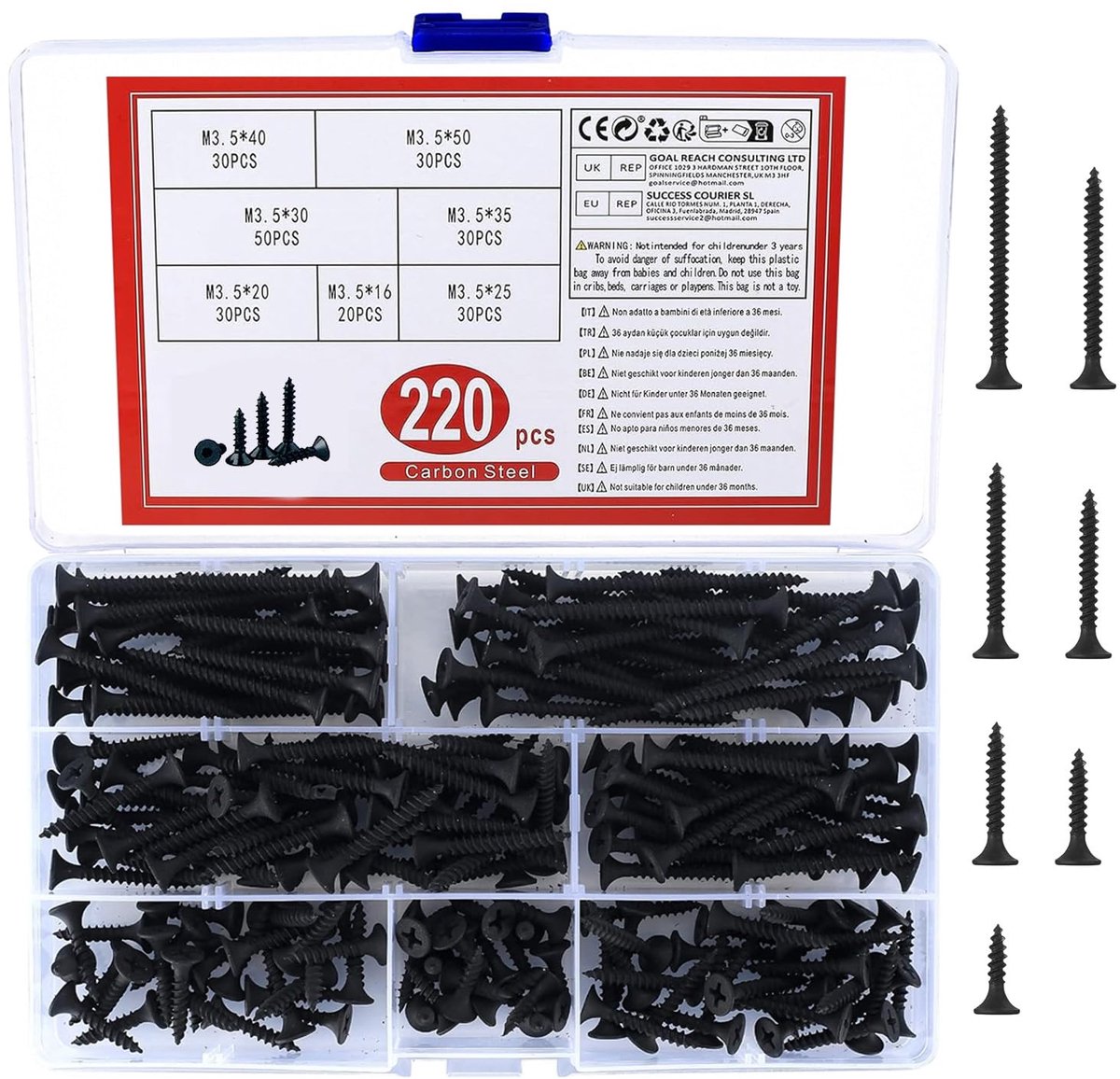 Set van 220 zelftappende schroeven M3.5 - platte kop - voor gipsplaten en meubels - ShopVlot