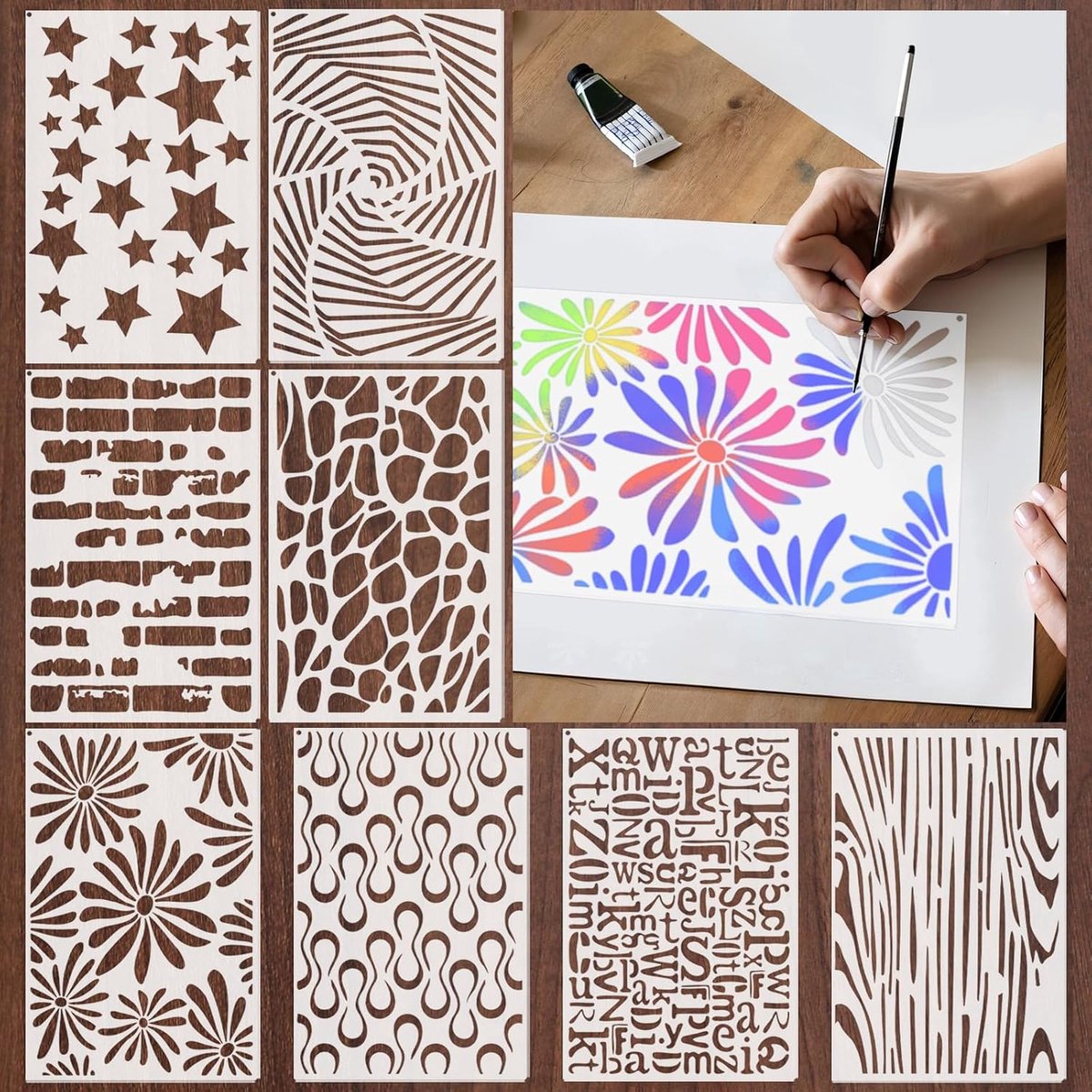 Geometrische verf sjablonen 8 stuks - herbruikbaar PET plastic - voor creatieve DIY projecten - ShopVlot