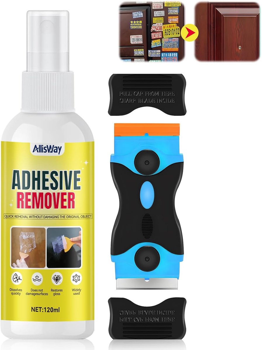 Lijmresten remover spray 120 ml - krachtige etikettenoplosser - snel en effectief - inclusief schraper - ShopVlot