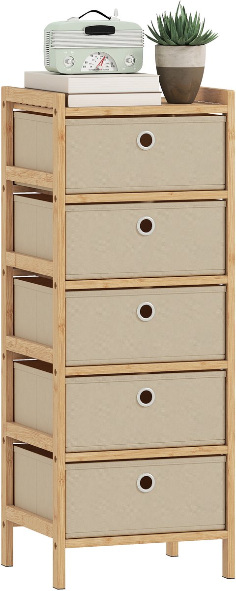 Sogiol® Ladekast met 5 Stoffen Laden - Ladekasten -Bamboe Frame - Compacte Opbergkast - Nachtkastje voor Slaapkamer en Woonkamer - Naturel