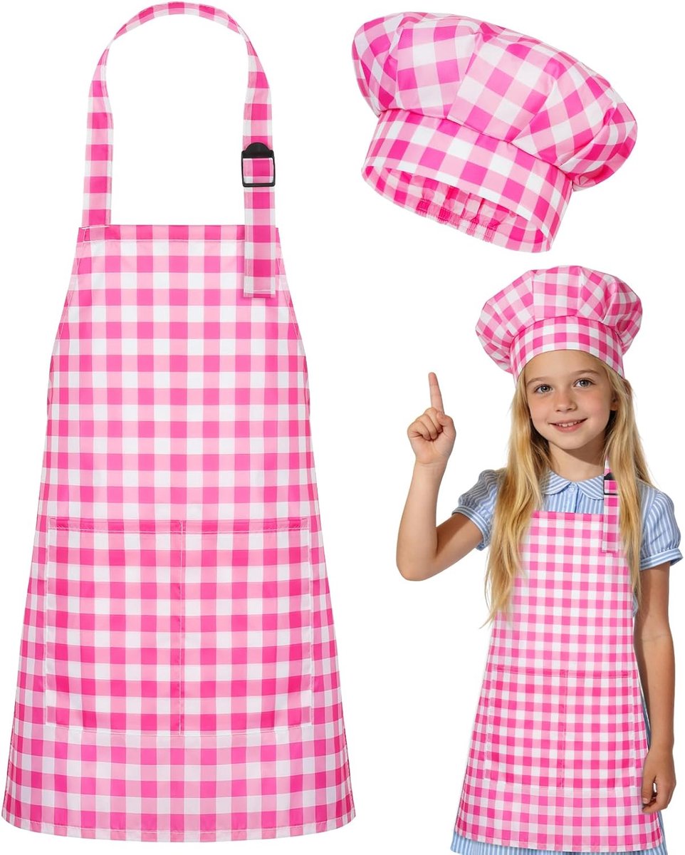 Kinderschort met koksmuts - roze ruitpatroon - verstelbare halsband - ideaal voor bakken en knutselen - ShopVlot