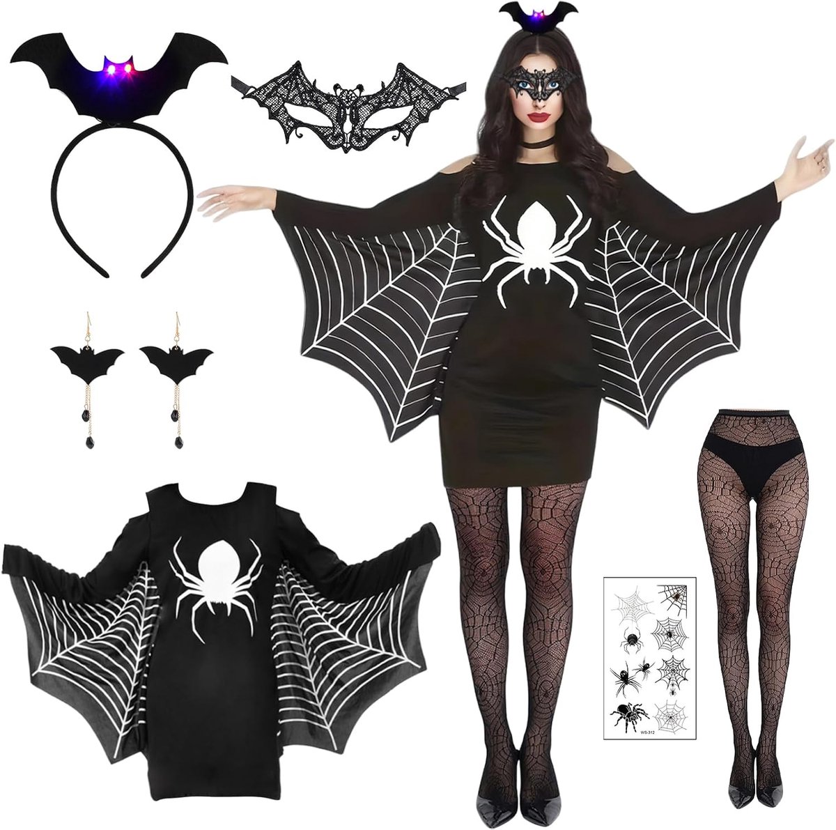Bat kostuum dames - 6-delige set - met masker en haarband - perfect voor Halloween - ShopVlot