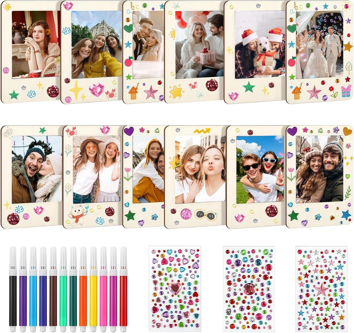 Magnetische fotolijsten 7,6 cm - Houten fotolijsten om te beschilderen - Inclusief glitterstenen en stickers - ShopVlot