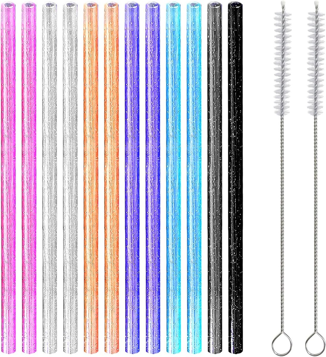 12 stuks glinsterende rietjes, 2 stuks rietjesborstels, herbruikbare rietjes, cocktaildecoraties, melkthee-sap-rietjes voor sap, ijs en meer (veelkleurig)