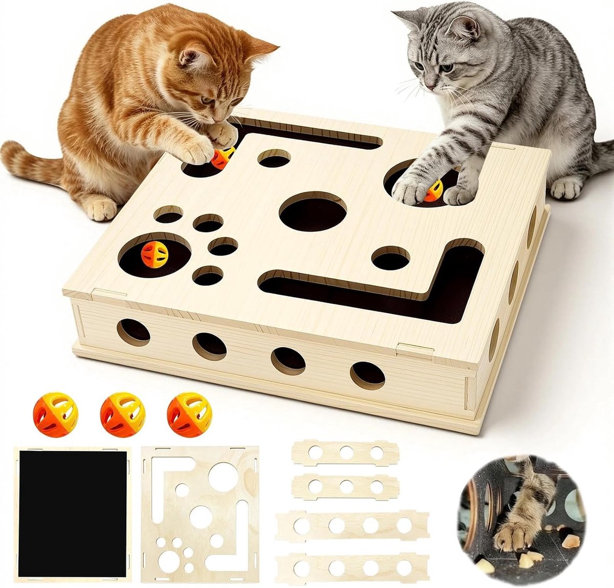 Krabbox voor katten, krabpuzzelbox voor katten, nagelvijldoos met 3 ballen, kattenspeelgoed, puzzel, voor binnen voor katten, kleine kittens