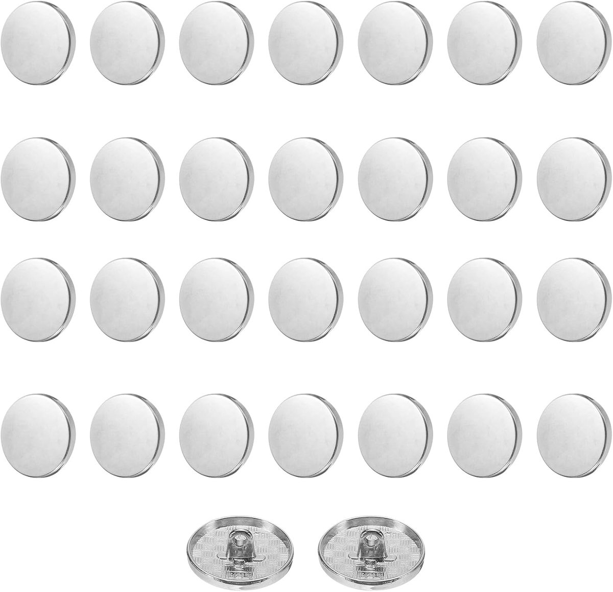 Knopen, 20 mm, metaal, platte buttons om aan te naaien, ronde knutselknopen voor kleding, broeken, mantels, jassen, blazer, hemd, pakken, decoreren handwerk, zelf maken, zilver