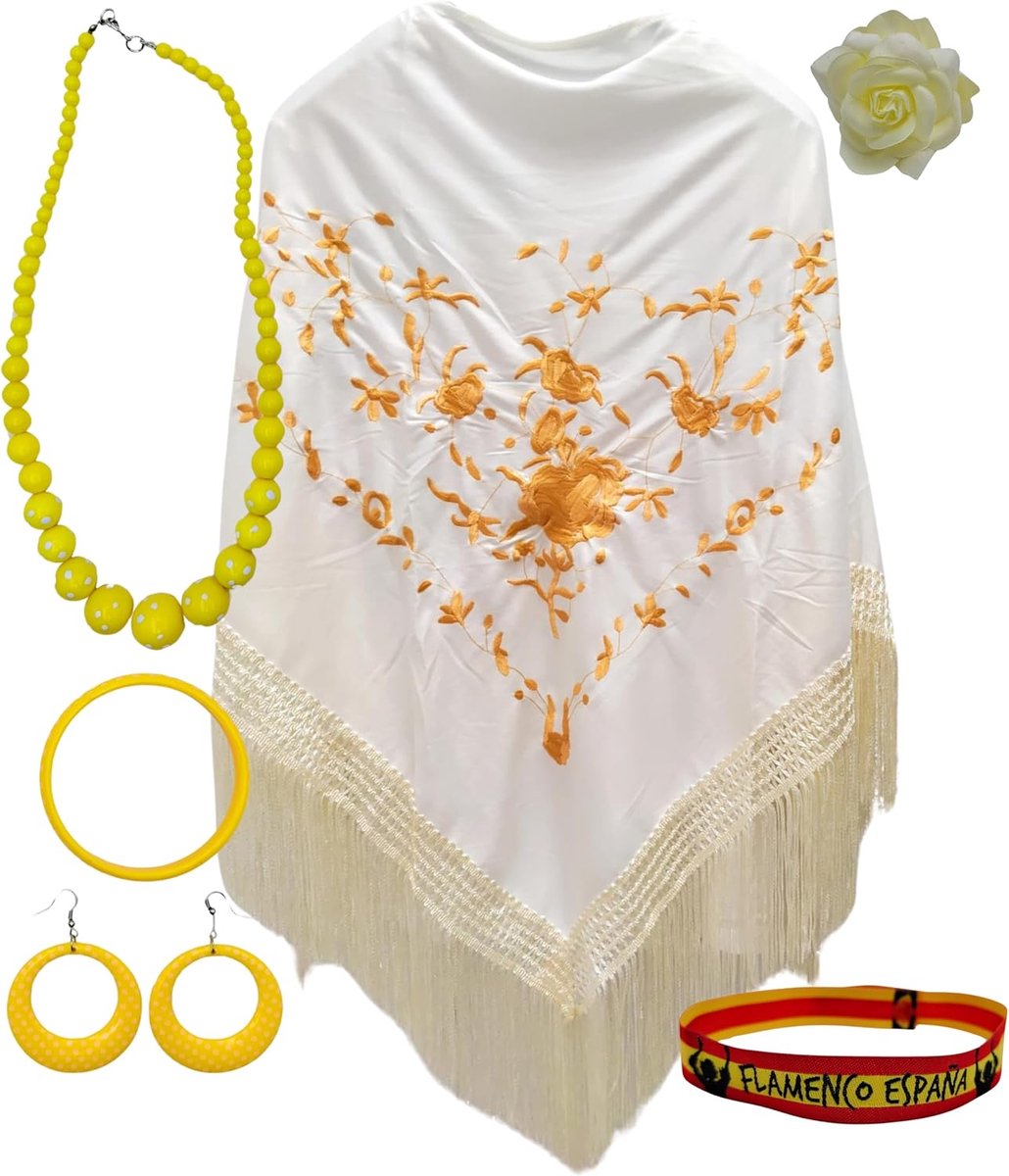 Manila-sjaal met accessoires: Manila-sjaal met geborduurde bloemen, haarspeld, halsketting, armband en oorbellen met flamingo's en stoffen armband.