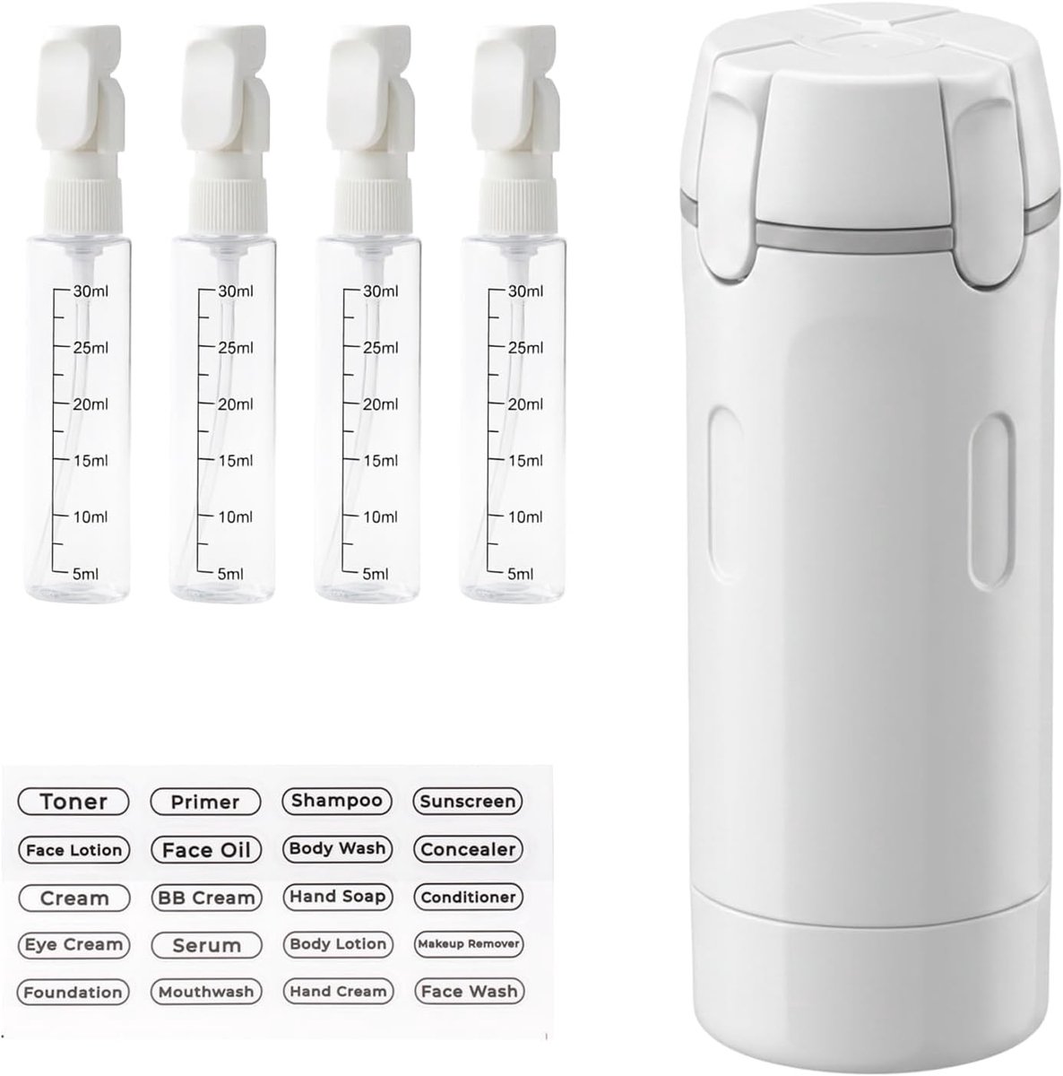 4-in-1 reisdispenser, reisset, toiletfles, siliconen, oplaadbaar, lekvrij, voor shampoo, lotion crème, vliegtuighouder met etiket, 120 ml (wit)