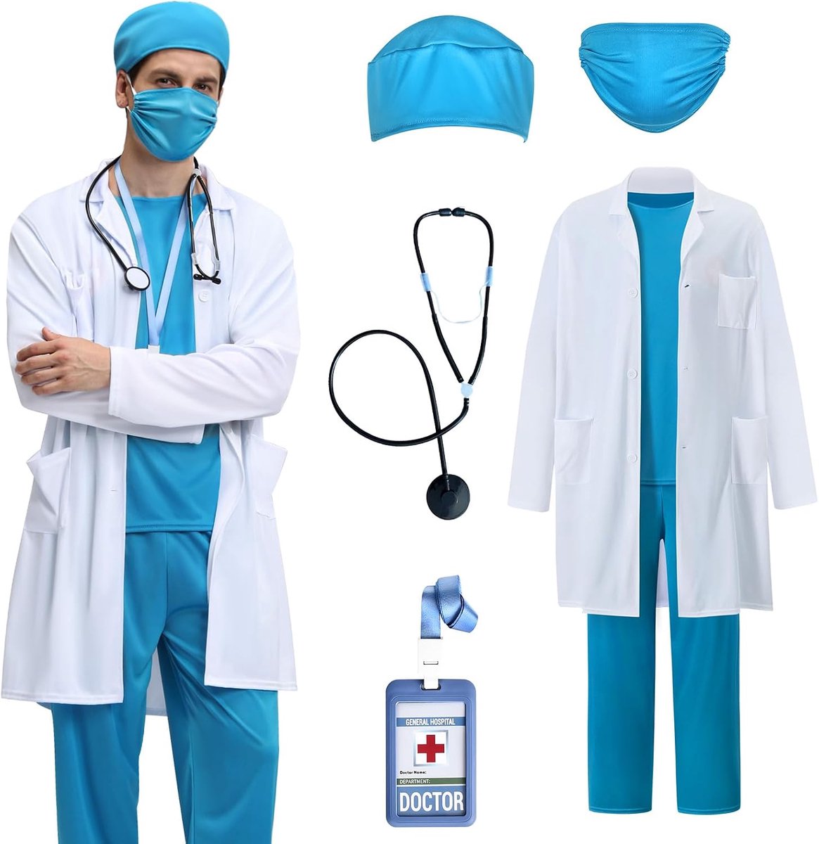 Dokterskostuum voor heren, dokterskostuum voor heren, carnaval, chirurgisch kostuum voor volwassenen, set met doktersjas, doktersmasker, bovendeel, broek en stethoscoop voor carnaval,