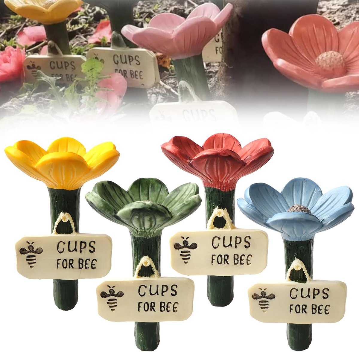 Set van 4 bloemenvormige bijendrinkbakken voor de tuin, insectendrinkbak, bekers voor bijen, bijenvriendelijke waterdispenser voor wilde bijen en vlinders (4 kleuren)