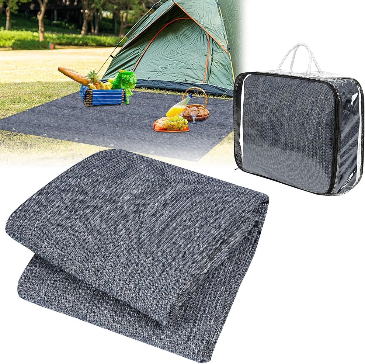 Voortenttapijt, 200 x 200 cm, campingtapijt, outdoor, antislip, wasbaar, luifeltapijt, tenttapijt, voortentvloer, tentonderlegger, met gaten, haringen en draagtas, grijs-blauw