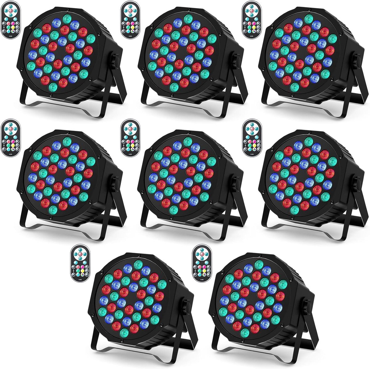 Set van 8 led-schijnwerpers, 36 leds, podiumverlichting, RGB met afstandsbediening, discolicht, schijnwerper, verlichting, bewegende kop voor stage, DJ, party, show, bar, Halloween, Kerstmis