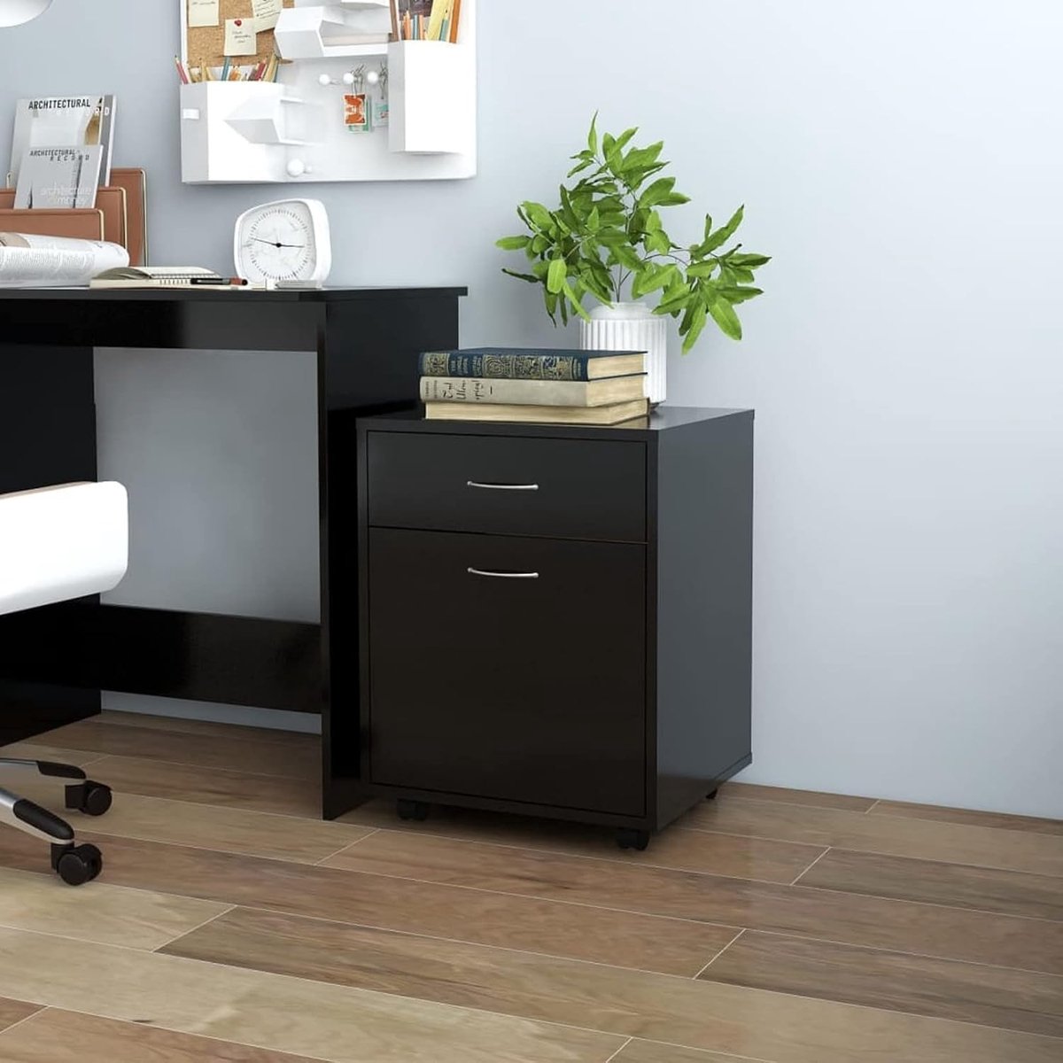 Rolkast, rolcontainer, opbergkast, bijzetcontainer, archiefkast, archiefkast, kantoorcommode, staande container, 4 wielen, 1 deur en 1 lade, zwart, 45 x 38 x 54 cm, spaanplaat