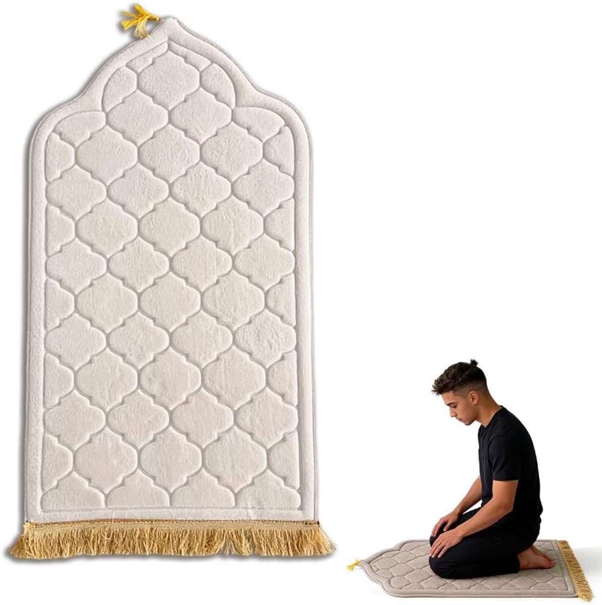 Seccade - Turkse stijl, zachte en dikke gebedsmat voor ramadan, Umrah cadeau, Tespih Islam, gebedstapijt to go, Namazlik (65 x 110 cm) (crèmekleurig)
