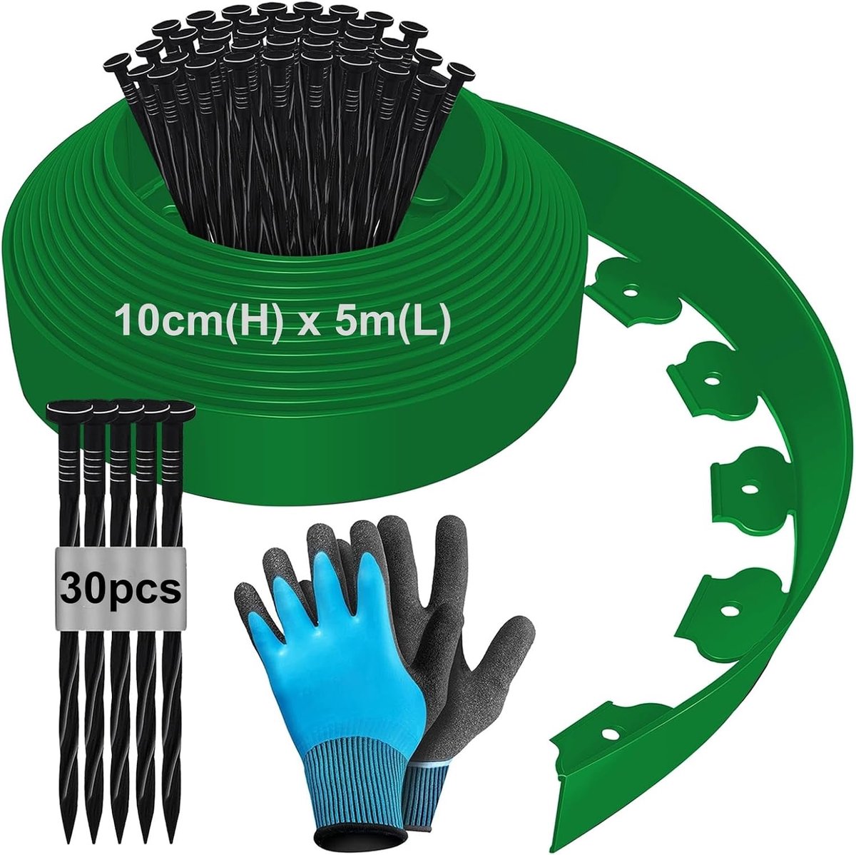 Gazonrand van kunststof, 10 cm hoog, perkomranding, kunststof, gazonranden, bloembegrenzing, maaikant, bestratingstenen, palissade met 30 grondankers en 1 paar handschoenen, groen, 5 m