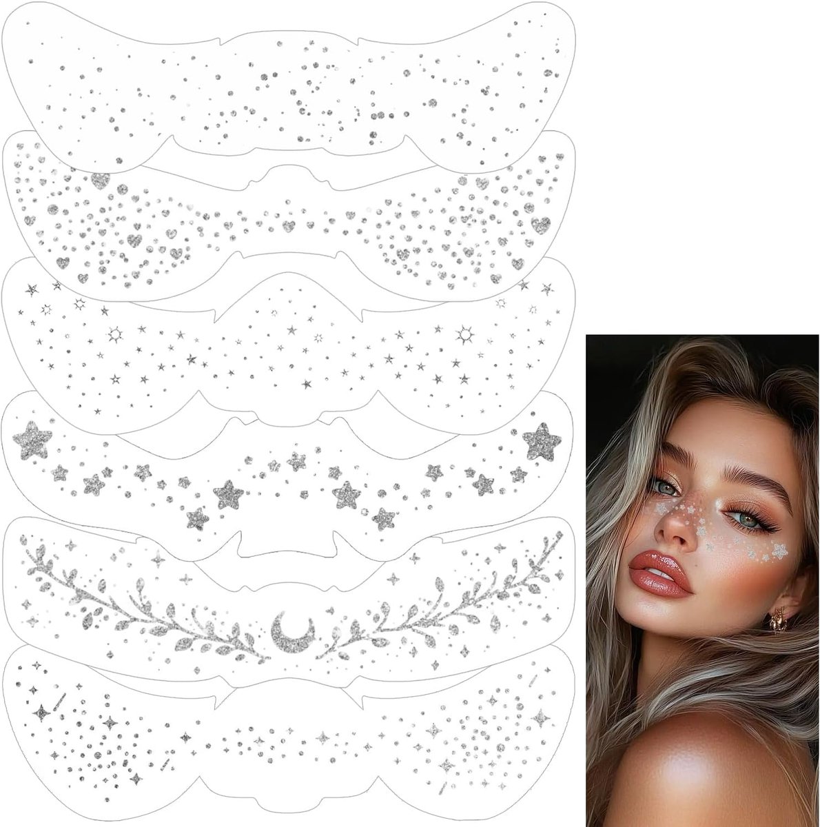 6 Bladen Glitter Freckles | Face Glitter Flekken Patches | Fake Freckles Stamp Tijdelijke Tattoos Face Stickers voor Vrouwen Festival Halloween Christmas Carnaval Parties Make-up (Silver B)